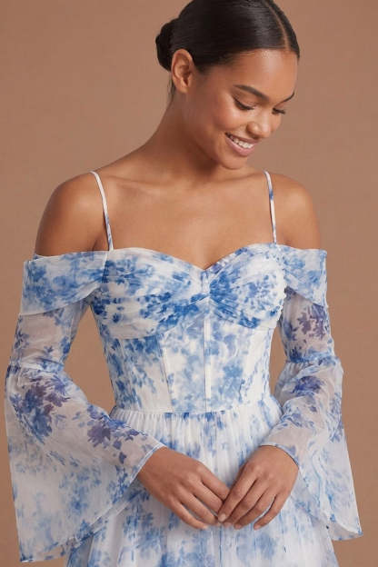 A Line White Blue Floral Cold Shoulder Corset Long Wedding Guest Dress