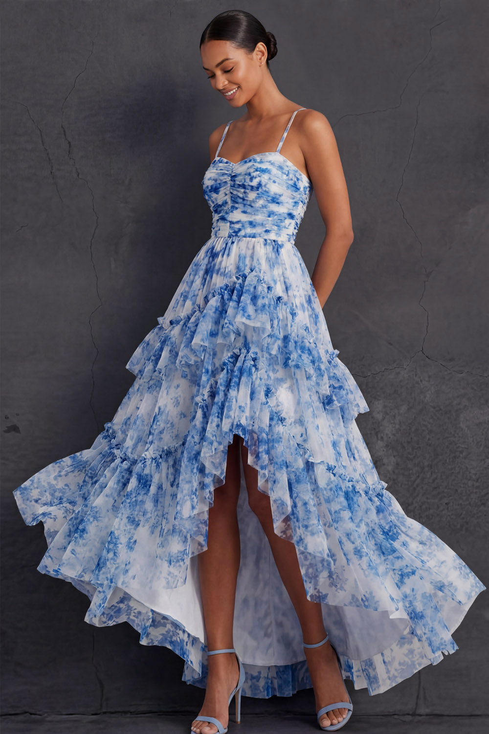 Leely Women White Blue Floral A Line Spaghetti Straps High Low Formal Dress Ruffled Tiered Backless Wedding Guest Dress