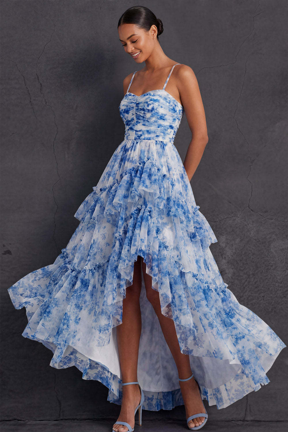 Leely Women White Blue Floral A Line Spaghetti Straps High Low Formal Dress Ruffled Tiered Backless Wedding Guest Dress