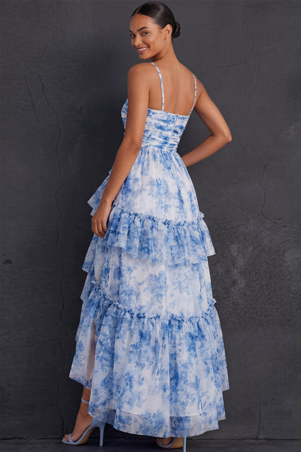 White Blue Floral A Line Ruffled Tiered Spaghetti Straps High Low Formal Dress