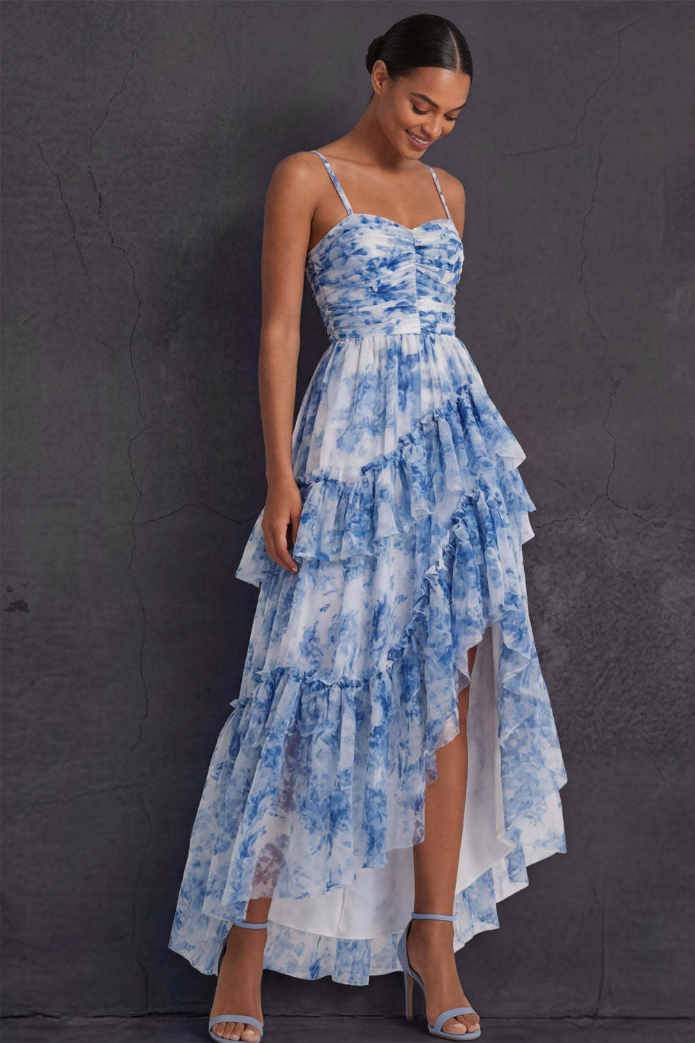 White Blue Floral A Line Ruffled Tiered Spaghetti Straps High Low Formal Dress