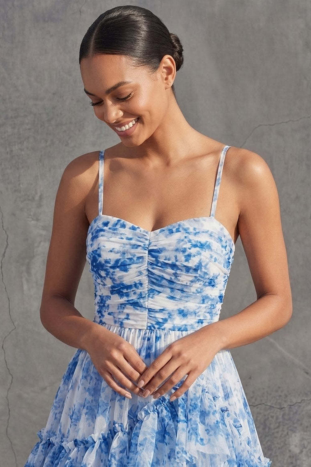 White Blue Floral A Line Ruffled Tiered Spaghetti Straps High Low Formal Dress