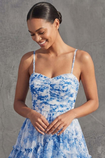 White Blue Floral A Line Ruffled Tiered Spaghetti Straps High Low Formal Dress