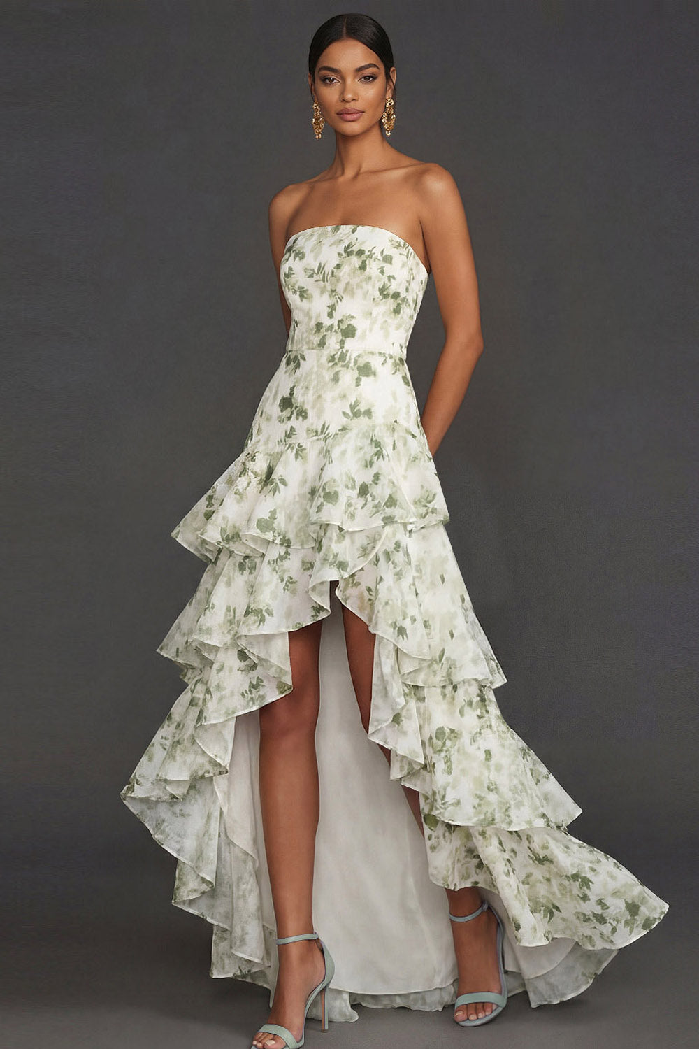 Green Floral Ruffled Strapless High Low Wedding Guest Dress