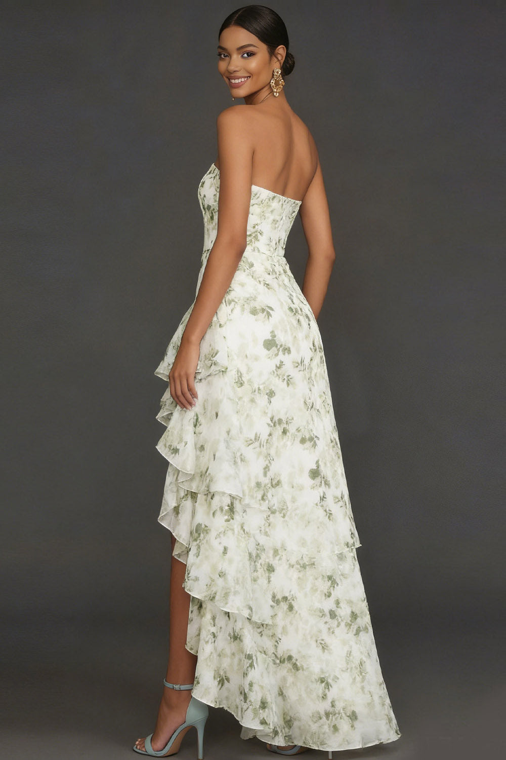 Green Floral Ruffled Strapless High Low Wedding Guest Dress