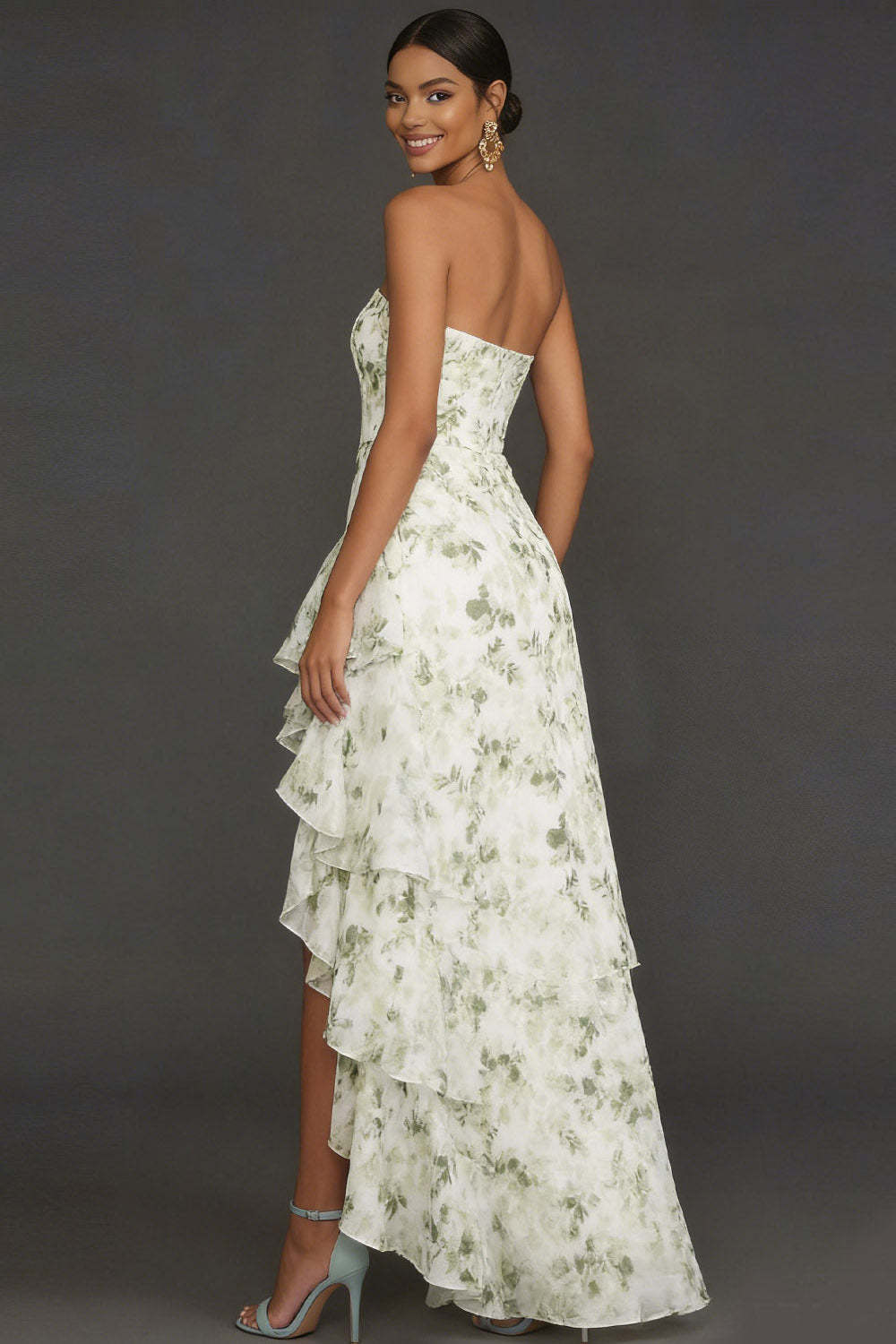 Green Floral Ruffled Strapless High Low Wedding Guest Dress