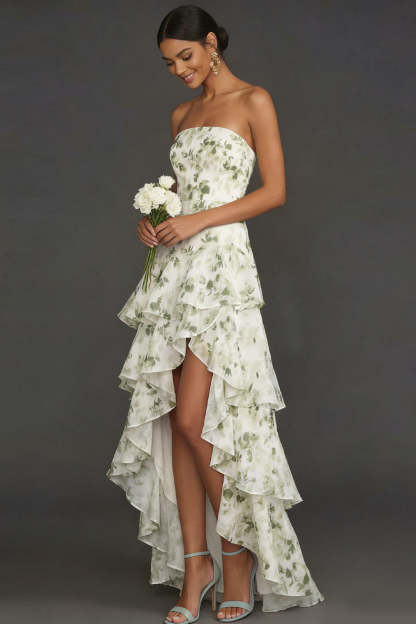 Green Floral Ruffled Strapless High Low Wedding Guest Dress