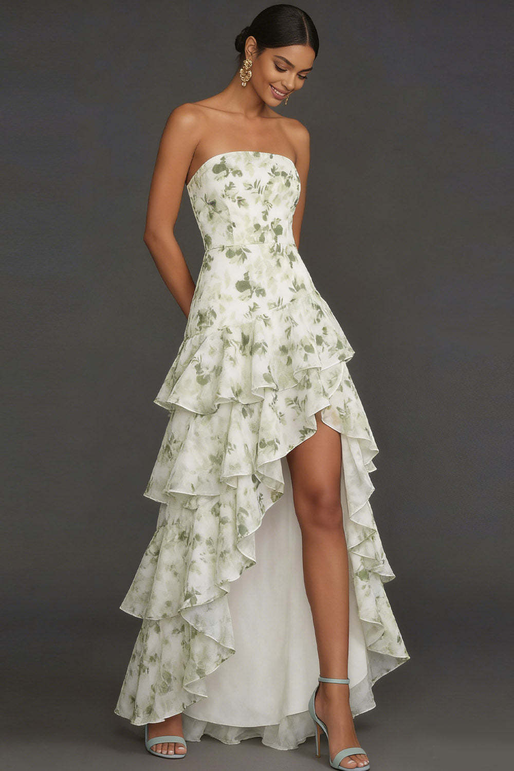 Green Floral Ruffled Strapless High Low Wedding Guest Dress