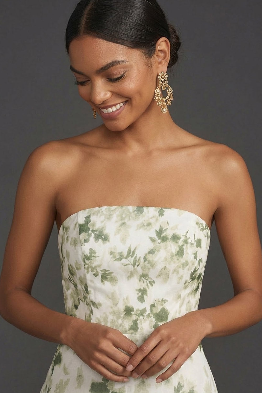 Green Floral Ruffled Strapless High Low Wedding Guest Dress