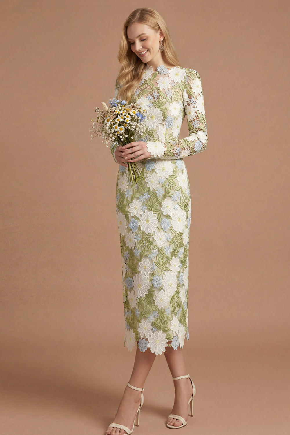 Green Floral Sheath Appliqued Long Sleeves Midi Formal Dress