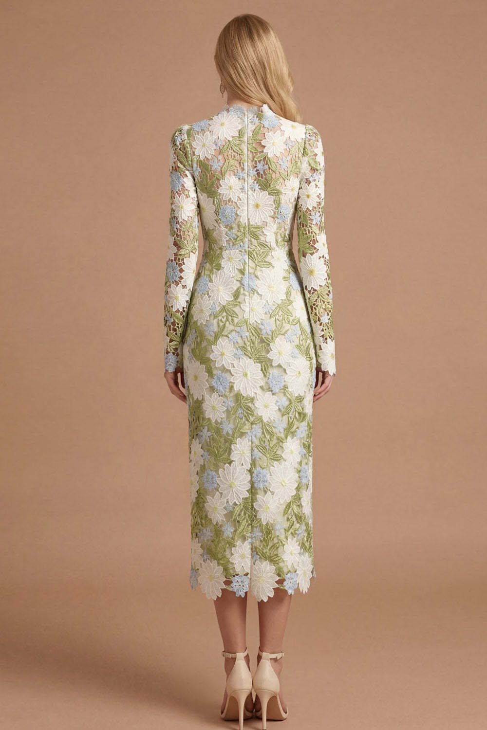 Green Floral Sheath Appliqued Long Sleeves Midi Formal Dress