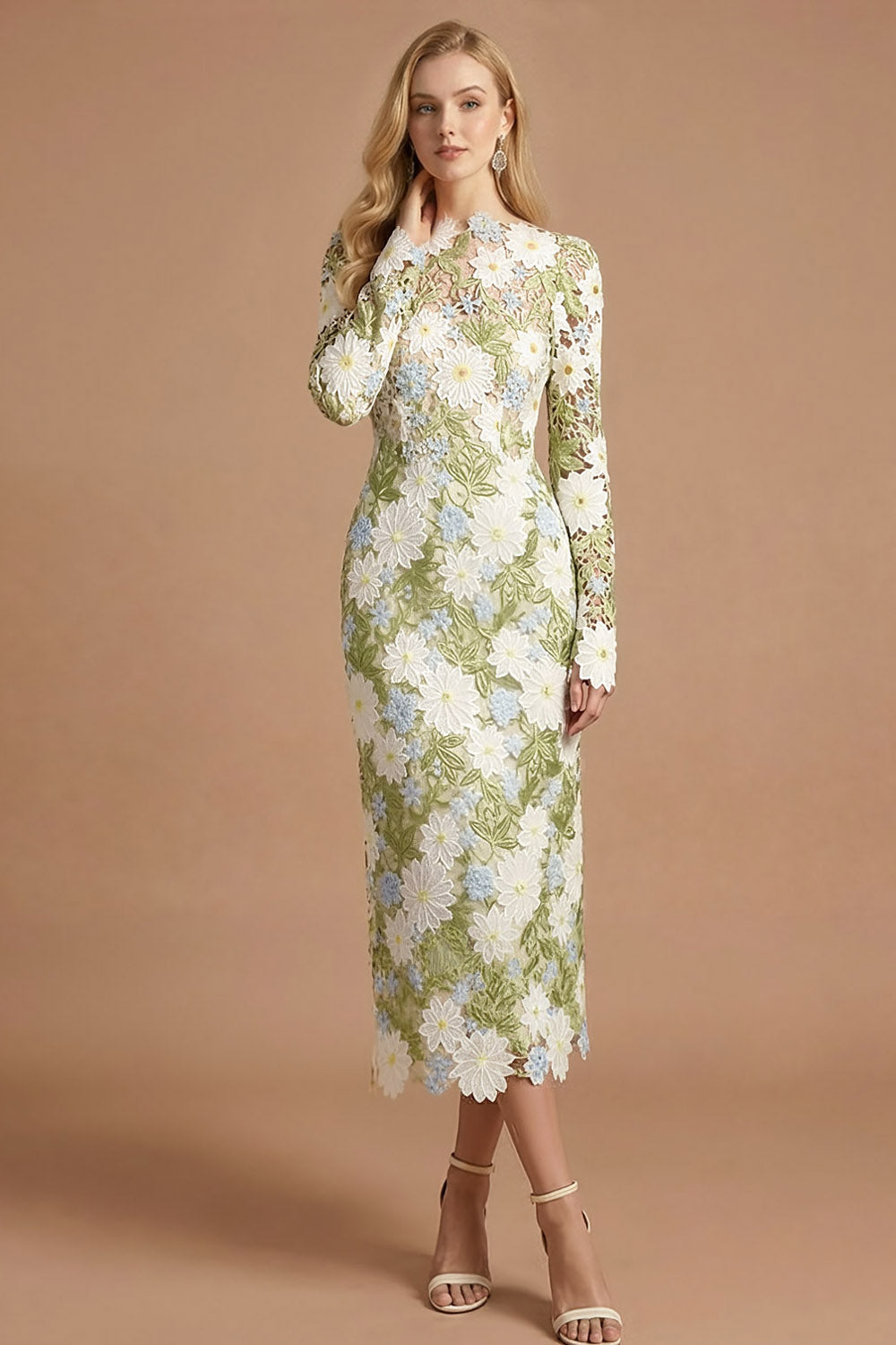 Green Floral Sheath Appliqued Long Sleeves Midi Formal Dress