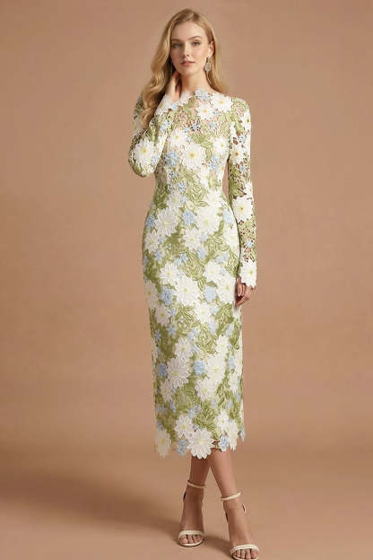 Green Floral Sheath Appliqued Long Sleeves Midi Formal Dress