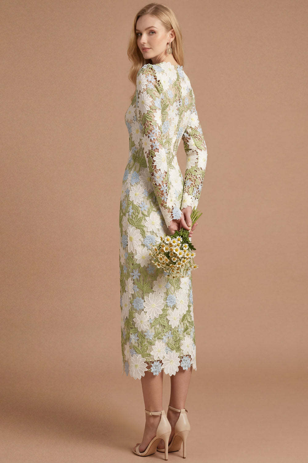 Green Floral Sheath Appliqued Long Sleeves Midi Formal Dress