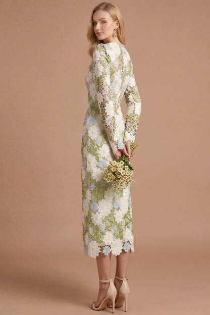 Green Floral Sheath Appliqued Long Sleeves Midi Formal Dress