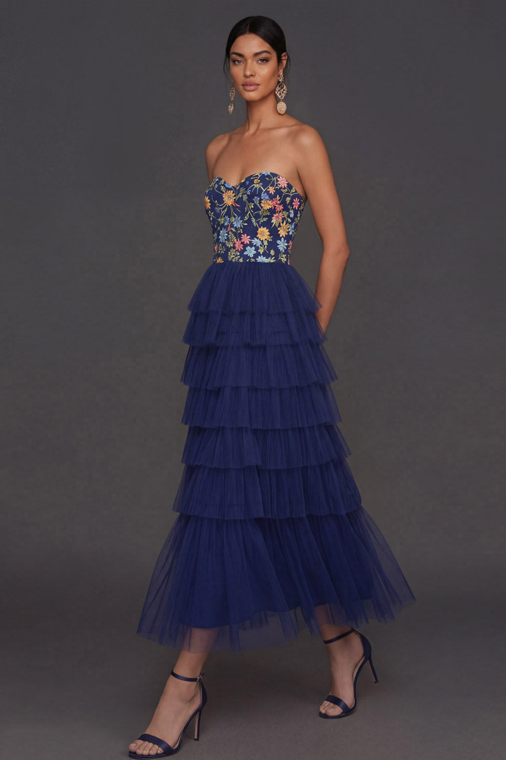 Leely Women Navy Floral A Line Sweetheart Midi Formal Dress Ruffled Tiered Backless Wedding Guest Dress