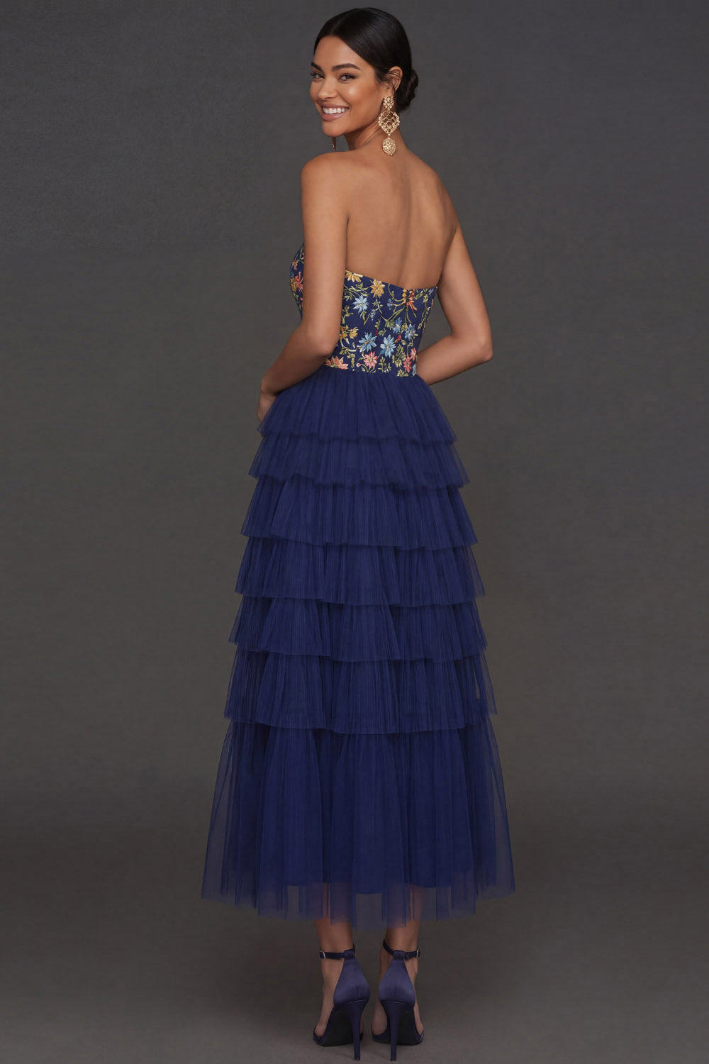 Navy Floral A Line Ruffled Tiered Sweetheart Midi Formal Dress