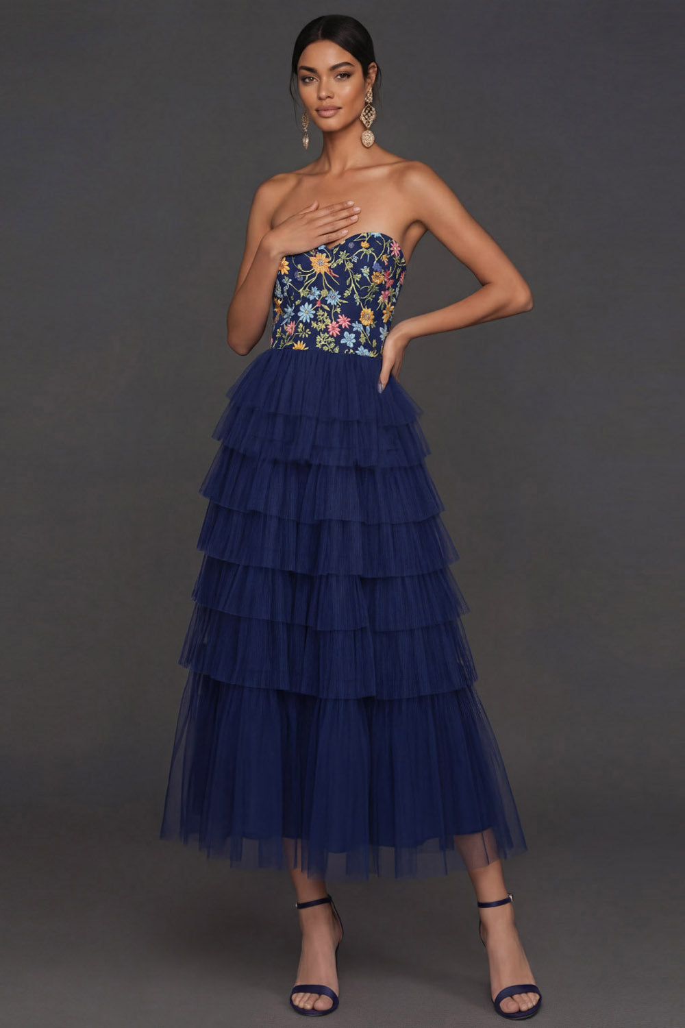 Navy Floral A Line Ruffled Tiered Sweetheart Midi Formal Dress