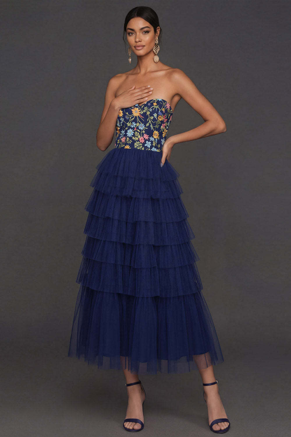 Navy Floral A Line Ruffled Tiered Sweetheart Midi Formal Dress