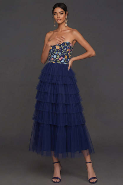 Navy Floral A Line Ruffled Tiered Sweetheart Midi Formal Dress