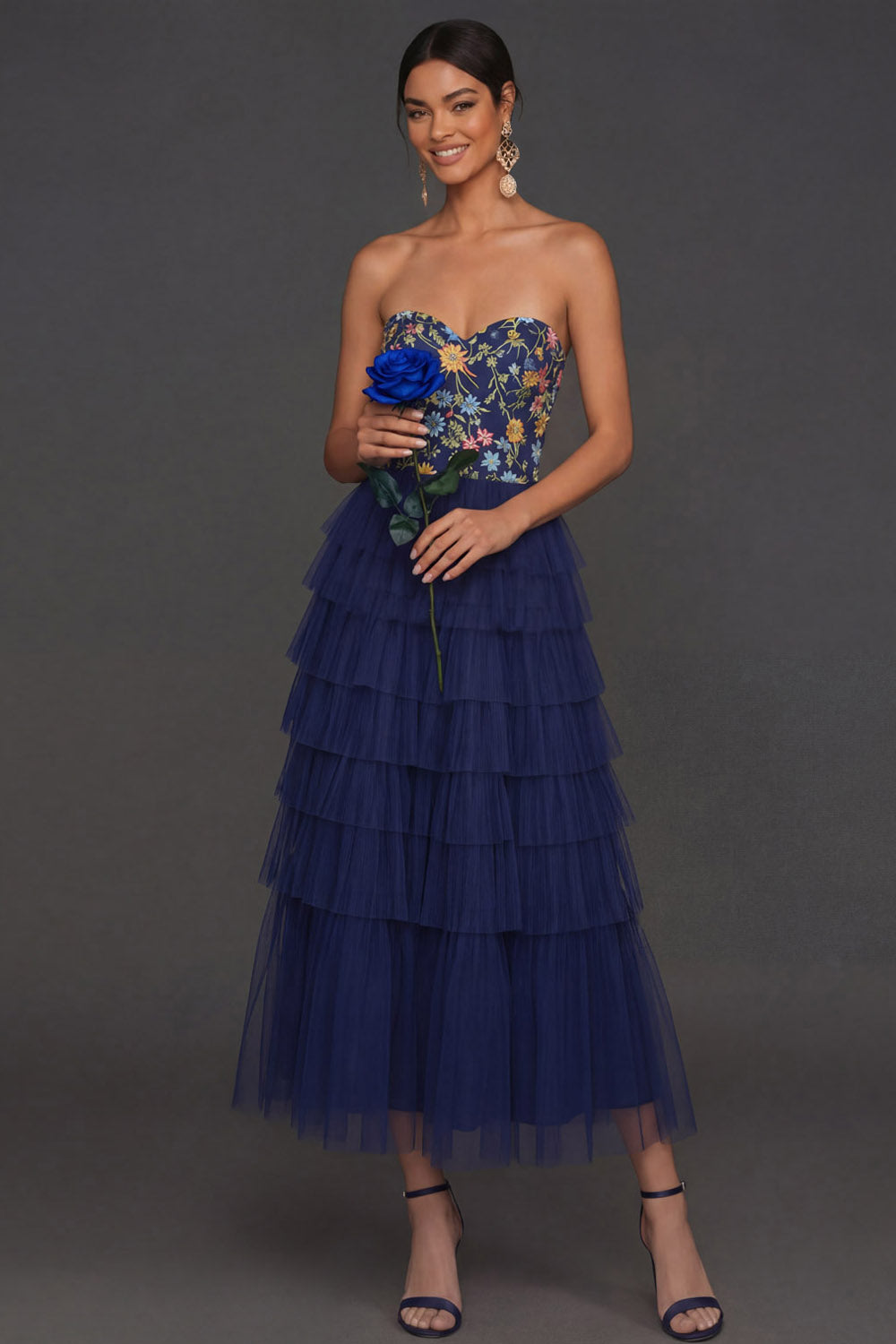 Navy Floral A Line Ruffled Tiered Sweetheart Midi Formal Dress
