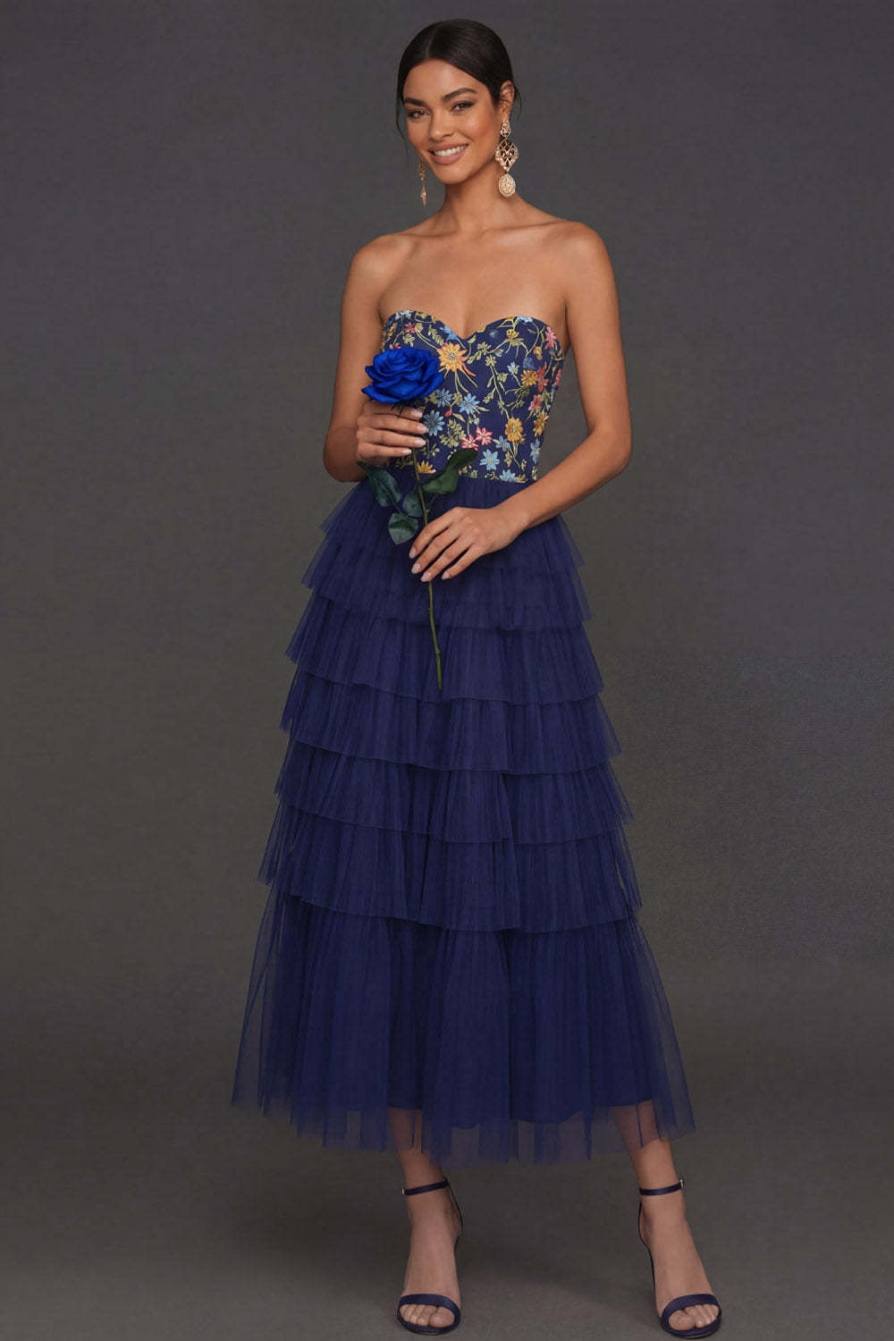 Navy Floral A Line Ruffled Tiered Sweetheart Midi Formal Dress