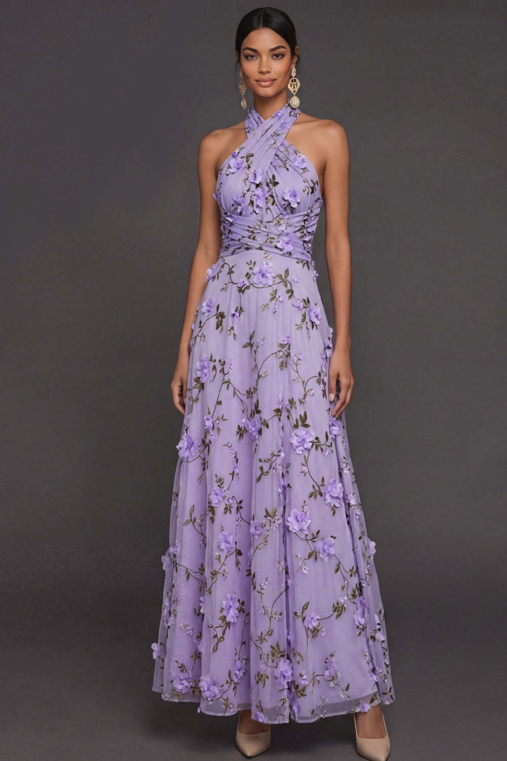 Leely Women Lilac Floral A Line Halter Neck Long Formal Dress Backless Sleeveless Appliqued Wedding Guest Dress