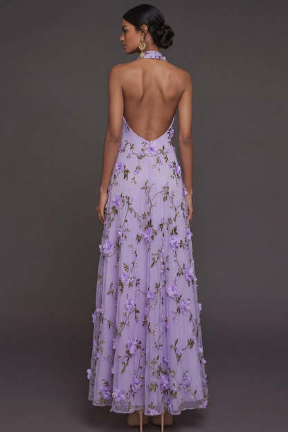 Lilac Floral A Line Halter Neck Appliqued Long Formal Dress