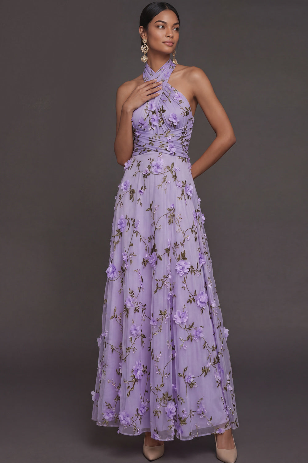 Lilac Floral A Line Halter Neck Appliqued Long Formal Dress