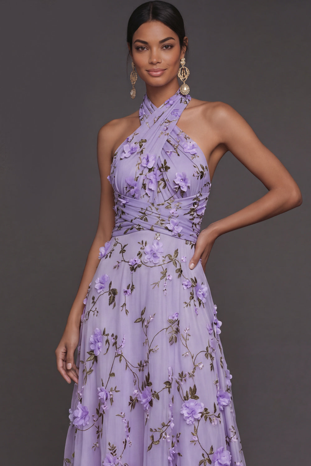 Lilac Floral A Line Halter Neck Appliqued Long Formal Dress