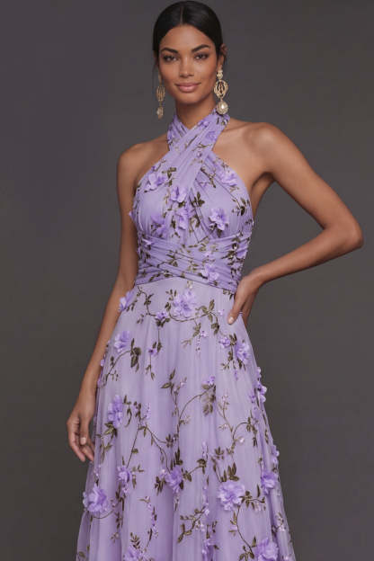 Lilac Floral A Line Halter Neck Appliqued Long Formal Dress