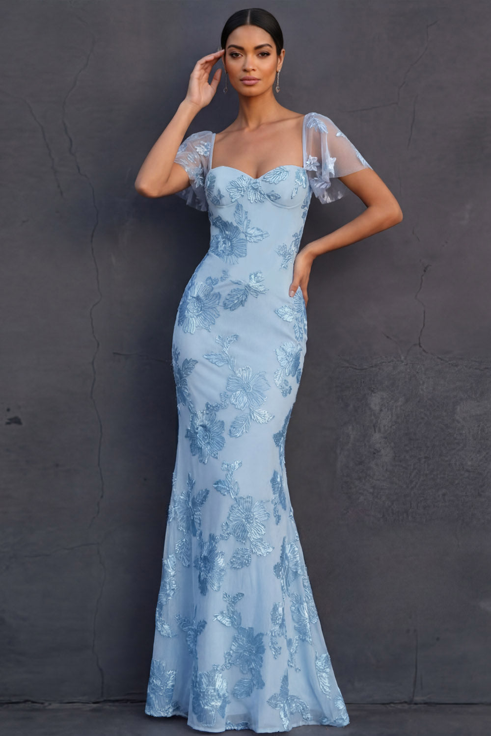 Light Blue Mermaid Floral Appliqued Long Formal Dress with Sleeves
