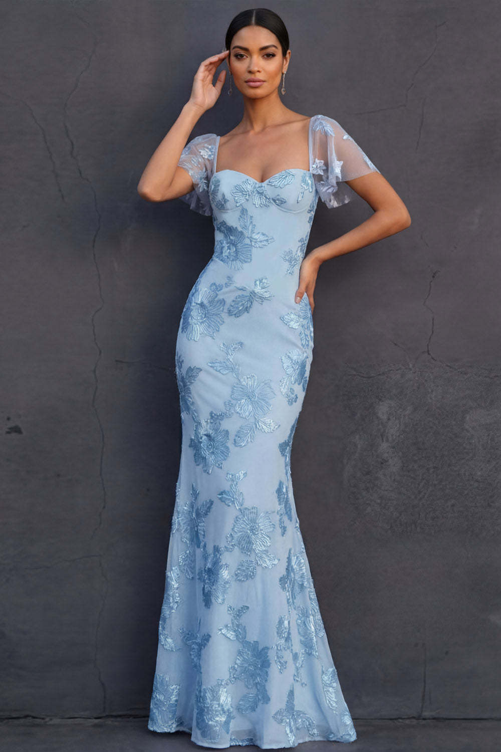 Light Blue Mermaid Floral Appliqued Long Formal Dress with Sleeves