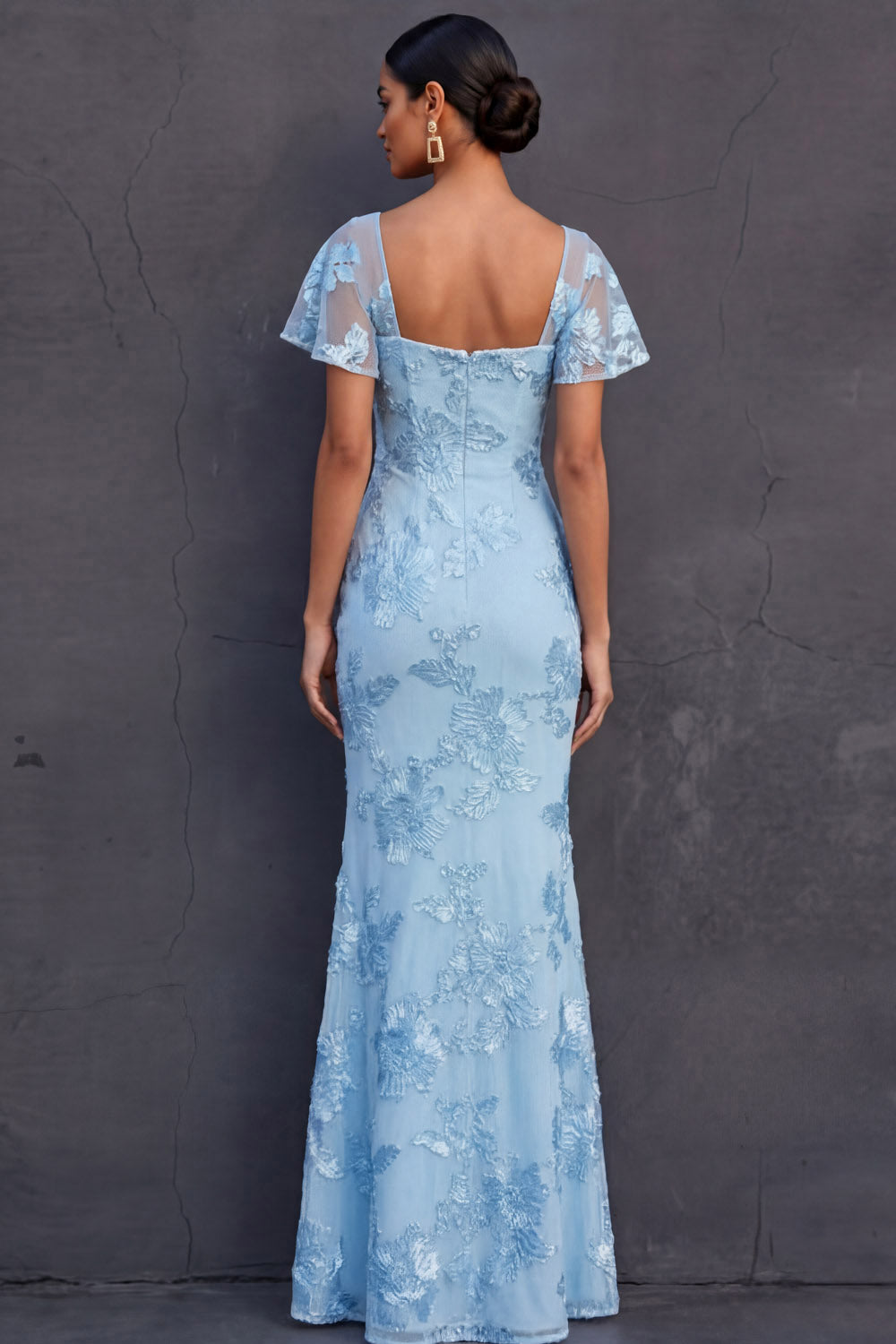 Light Blue Mermaid Floral Appliqued Long Formal Dress with Sleeves