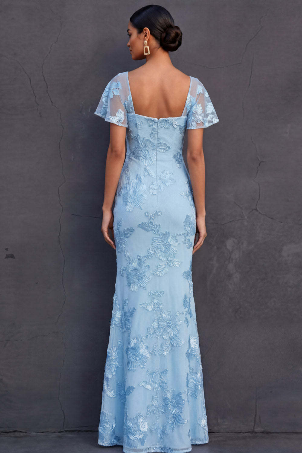 Light Blue Mermaid Floral Appliqued Long Formal Dress with Sleeves