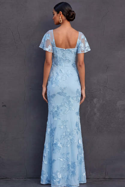 Light Blue Mermaid Floral Appliqued Long Formal Dress with Sleeves