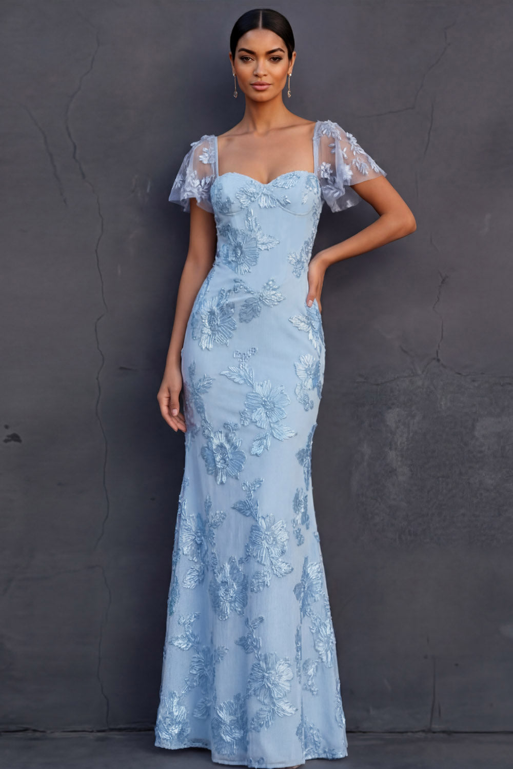 Light Blue Mermaid Floral Appliqued Long Formal Dress with Sleeves