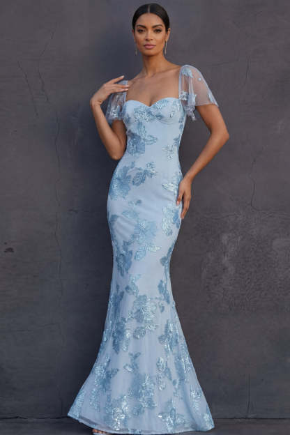 Light Blue Mermaid Floral Appliqued Long Formal Dress with Sleeves