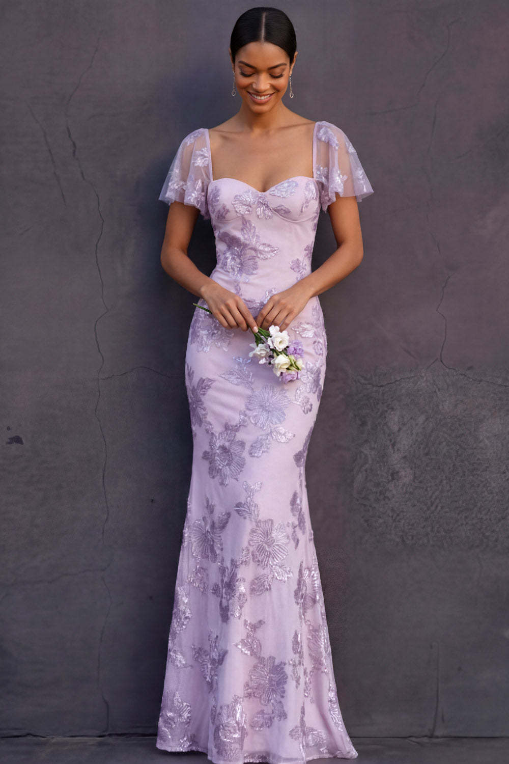 Light Blue Mermaid Floral Appliqued Long Formal Dress with Sleeves