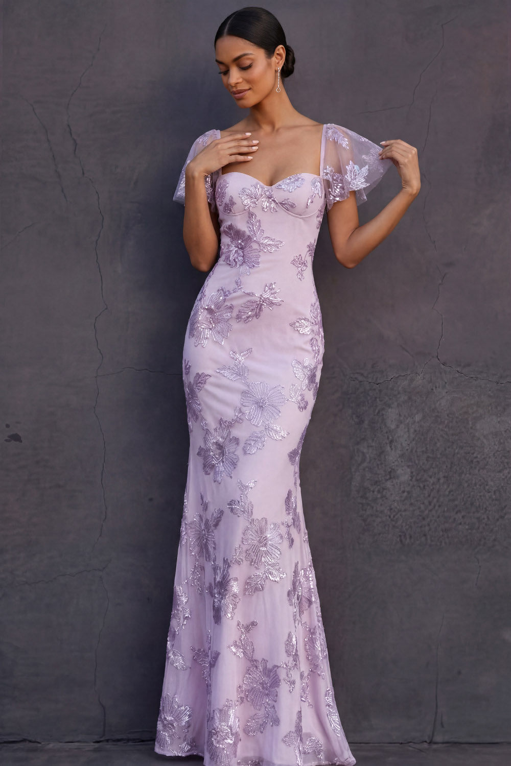 Light Blue Mermaid Floral Appliqued Long Formal Dress with Sleeves