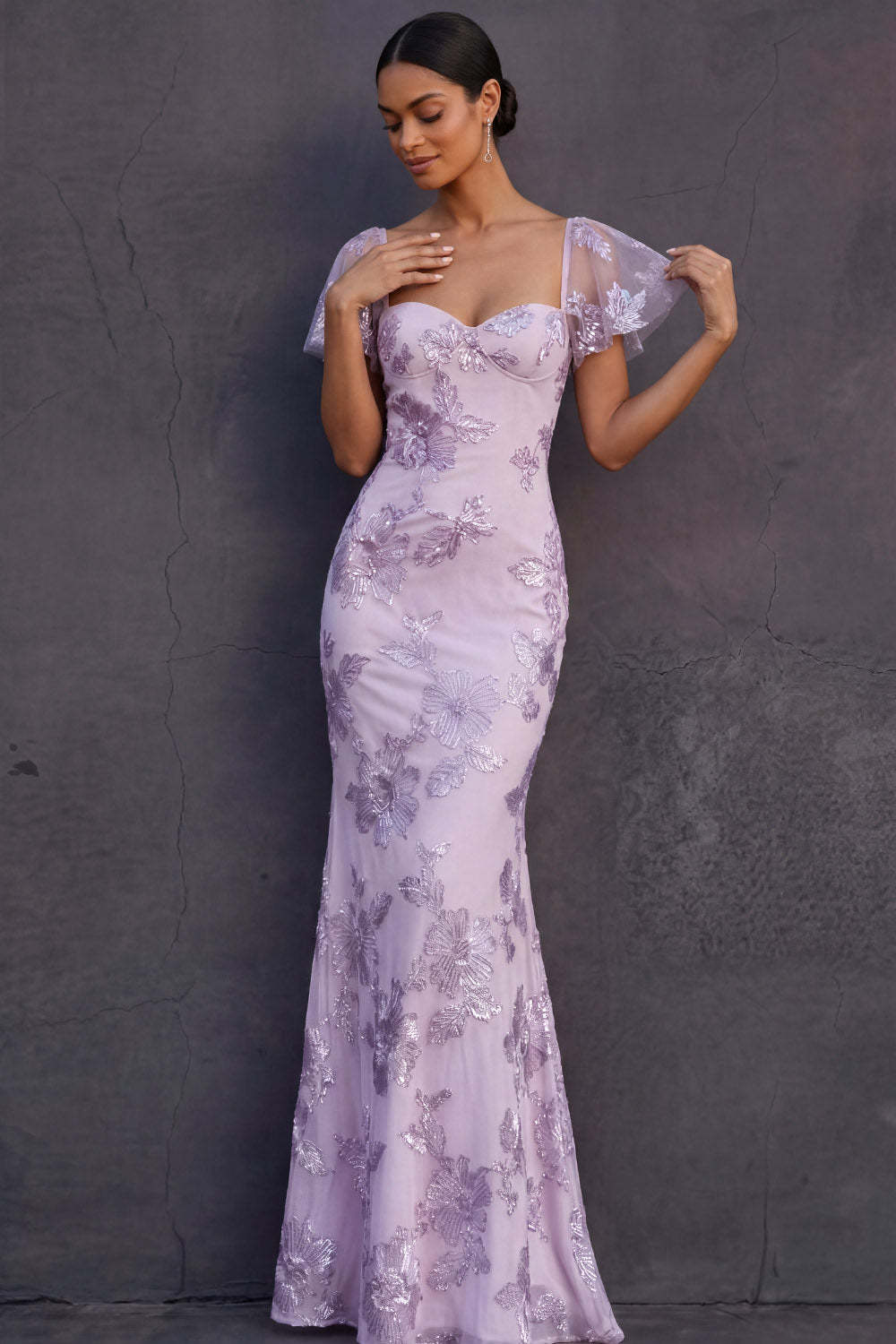 Light Blue Mermaid Floral Appliqued Long Formal Dress with Sleeves