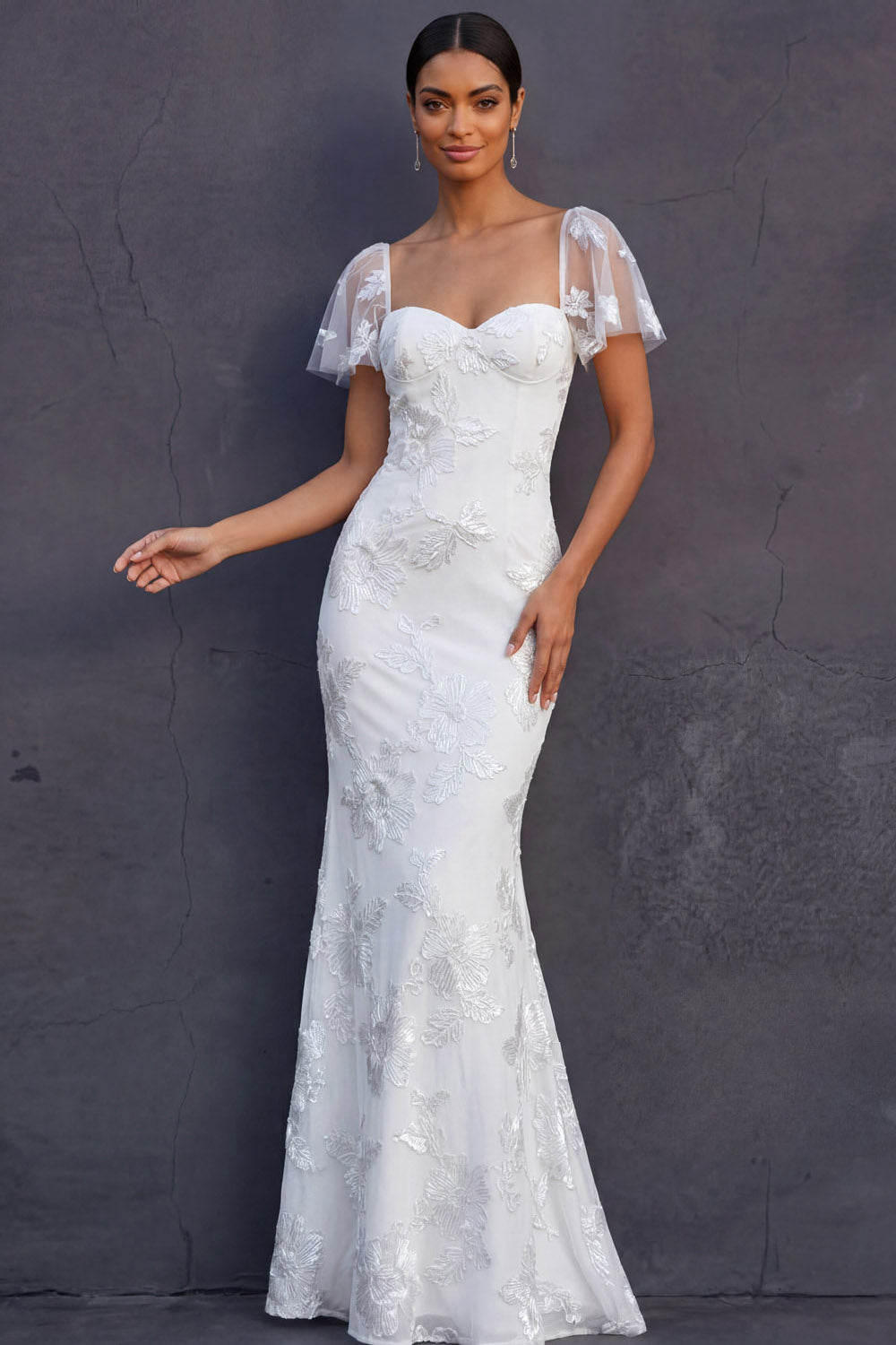 White Mermaid Floral Appliqued Long Engagement Dress with Sleeves