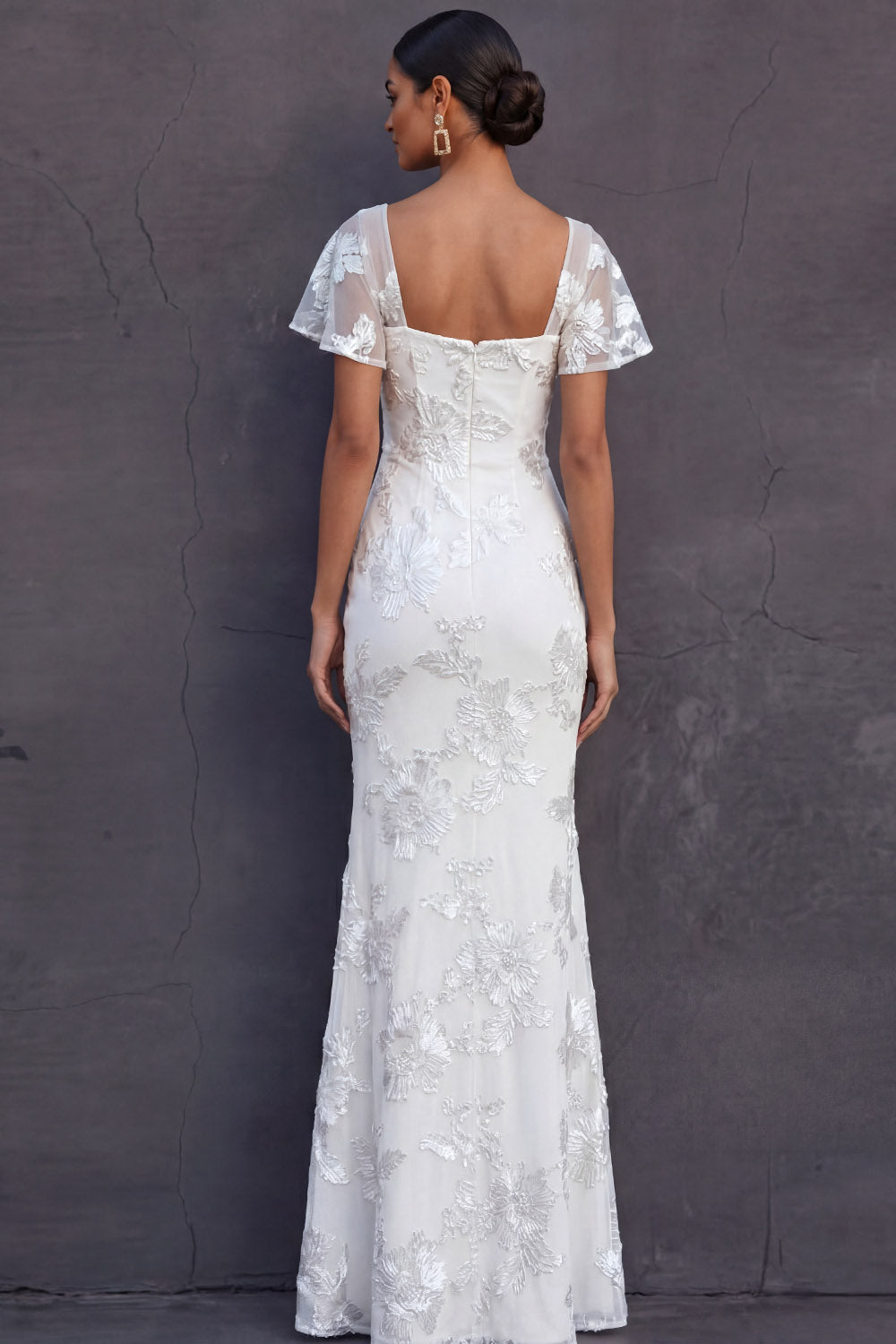 White Mermaid Floral Appliqued Long Engagement Dress with Sleeves