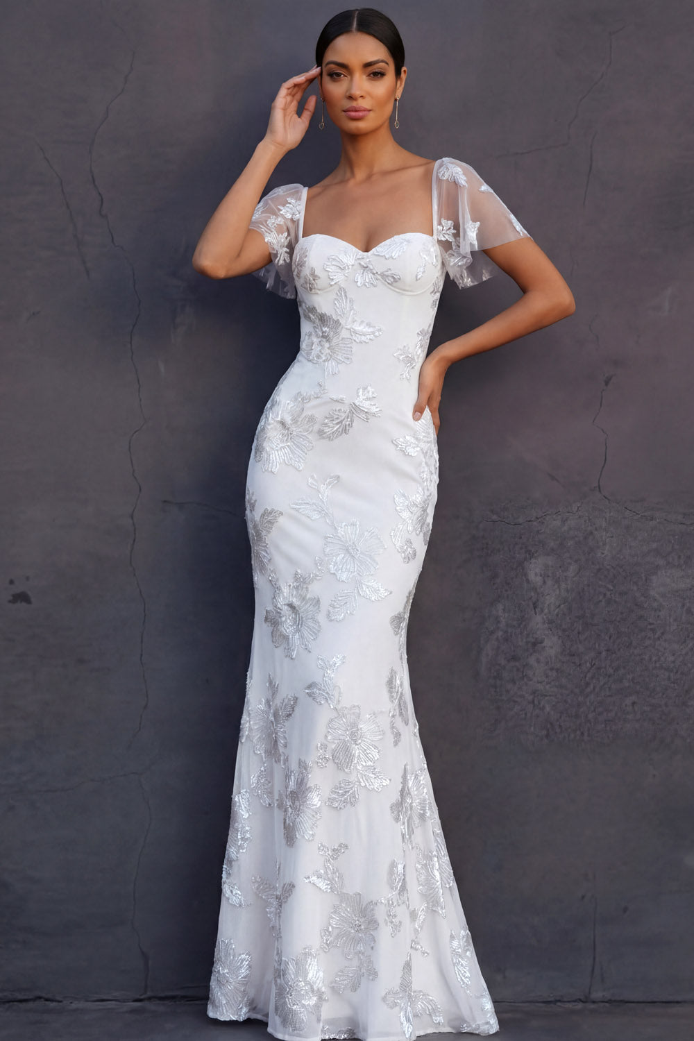 Light Blue Mermaid Floral Appliqued Long Formal Dress with Sleeves