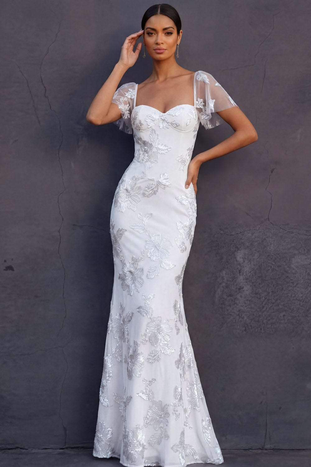 Light Blue Mermaid Floral Appliqued Long Formal Dress with Sleeves