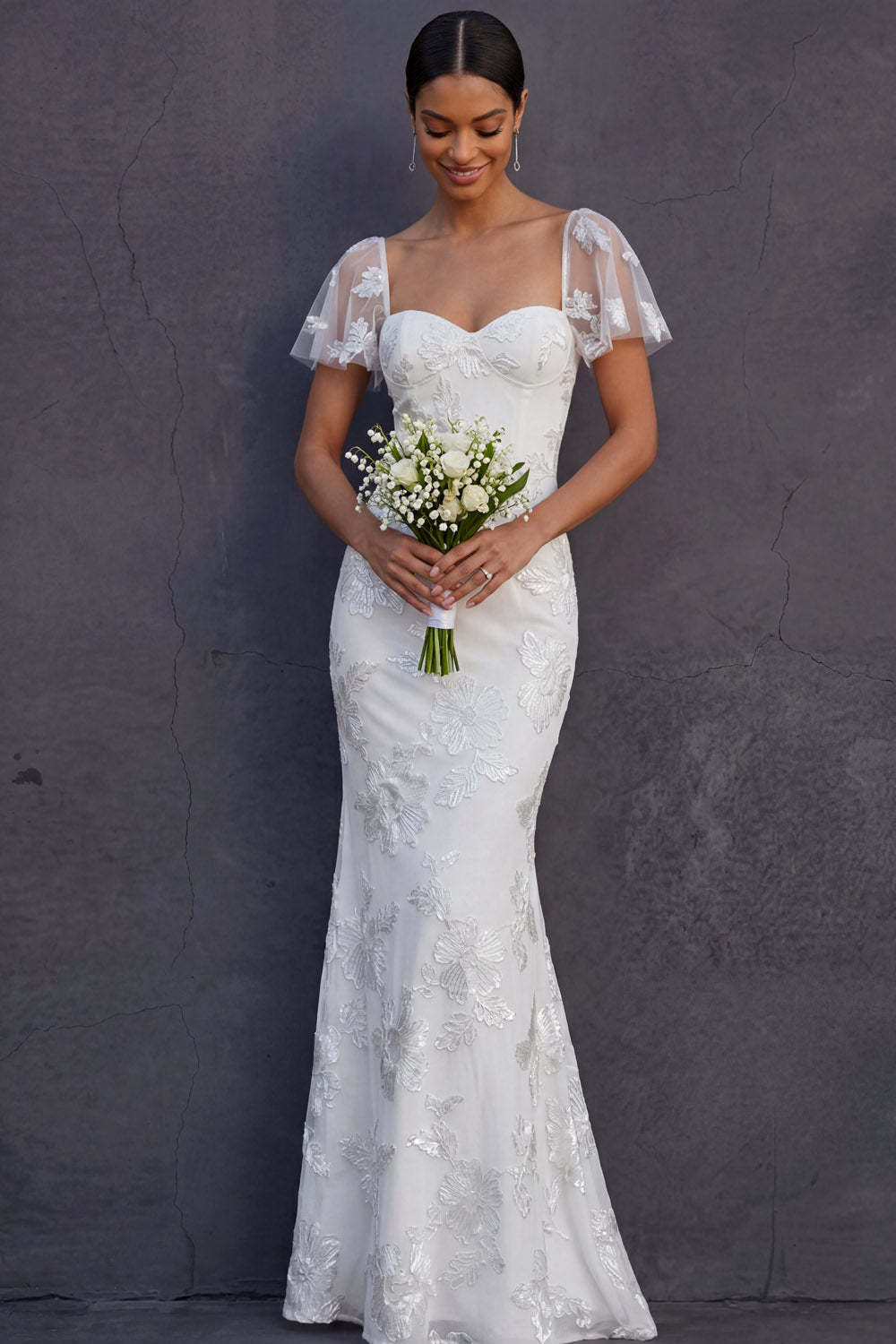 Light Blue Mermaid Floral Appliqued Long Formal Dress with Sleeves