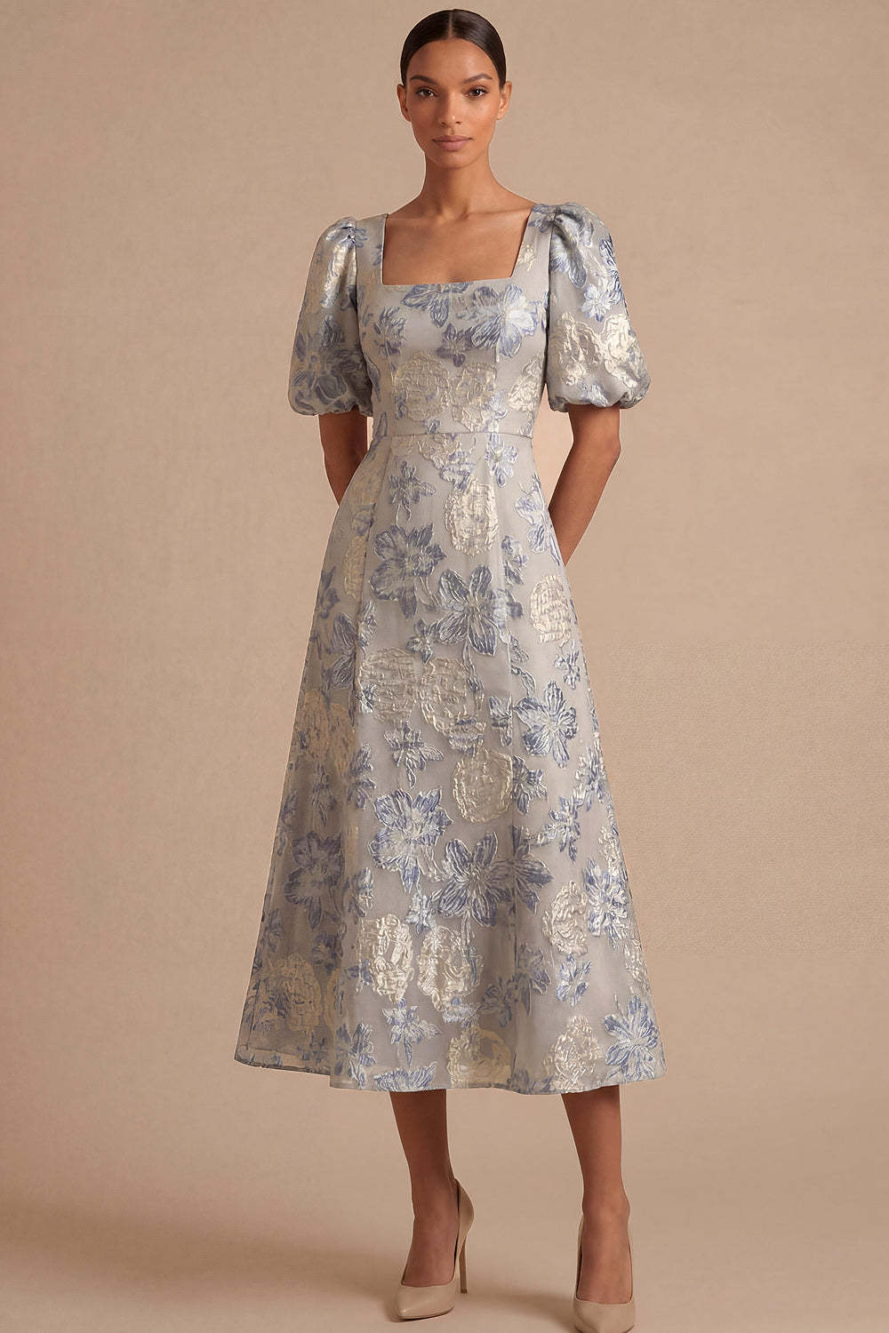 Leely Women Dusty Blue Jacquard Floral A Line Midi Wedding Guest Dress Square Neck Puff Sleeves Formal Dress