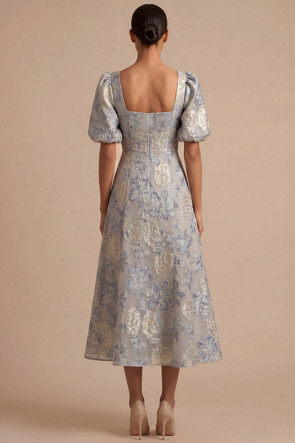 Dusty Blue Jacquard Floral A Line Square Neck Midi Wedding Guest Dress