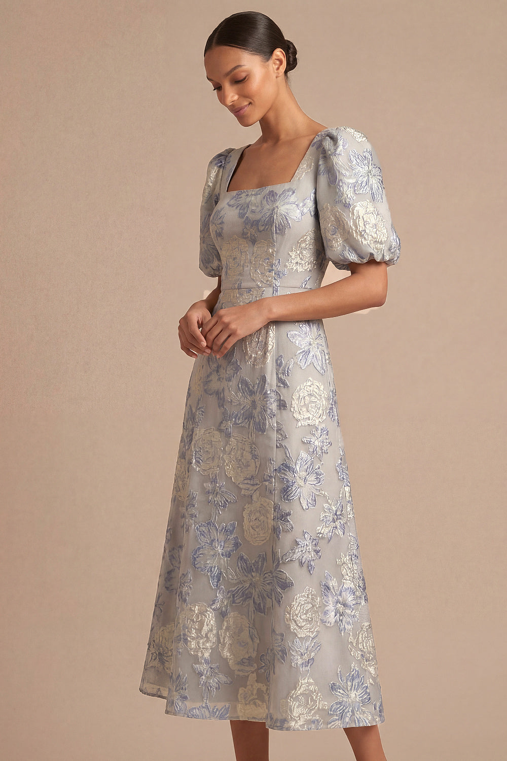 Dusty Blue Jacquard Floral A Line Square Neck Midi Wedding Guest Dress