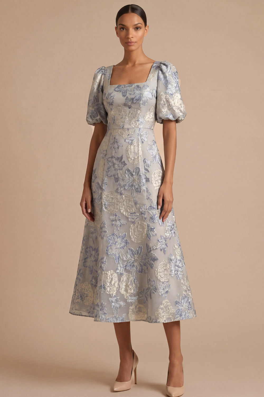 Dusty Blue Jacquard Floral A Line Square Neck Midi Wedding Guest Dress